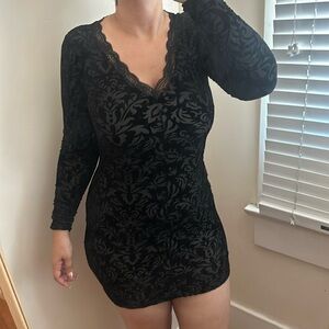 Lac Bleu Black Velvet Damask Pattern Texture V-Neck Lace Trim Mini Dress Goth